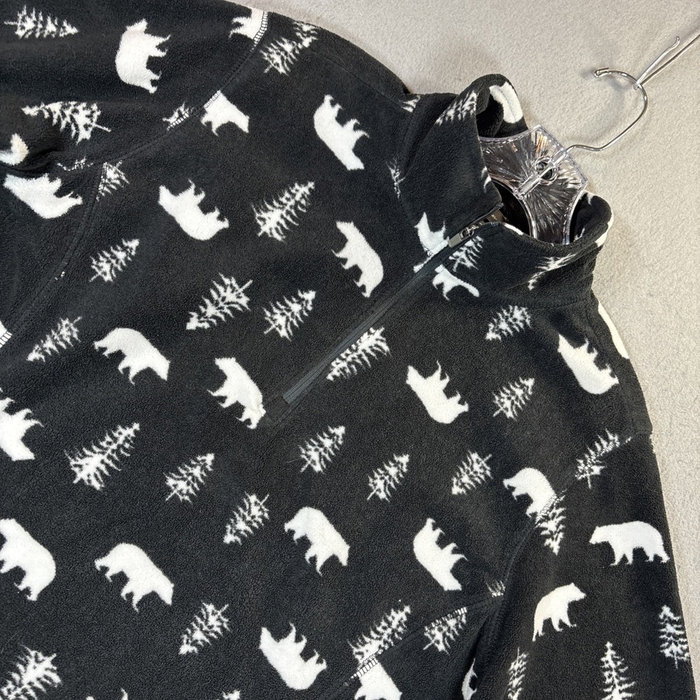 Eddie Bauer Women L Fleece Pullover 1/4 Zip All Over Print Bear Pine Tree Black